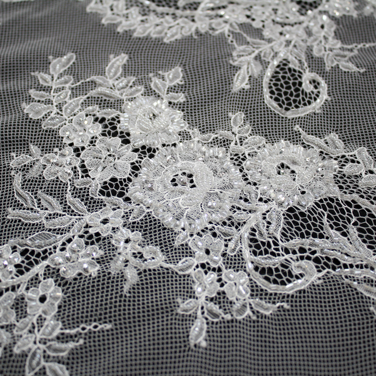 Haute Couture Lace | Bridal Embroidered Lace with Pearls, Sequins, Sinuous Floral Sprays & Double Border | FRI1391