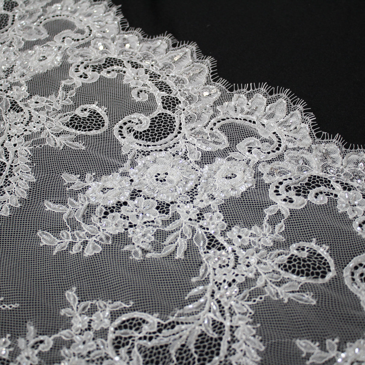 Haute Couture Lace | Bridal Embroidered Lace with Pearls, Sequins, Sinuous Floral Sprays & Double Border | FRI1391