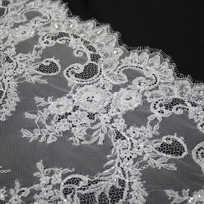 Haute Couture Lace | Bridal Embroidered Lace with Pearls, Sequins, Sinuous Floral Sprays & Double Border | FRI1391