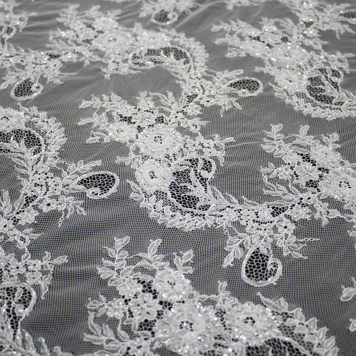 Haute Couture Lace | Bridal Embroidered Lace with Pearls, Sequins, Sinuous Floral Sprays & Double Border | FRI1391