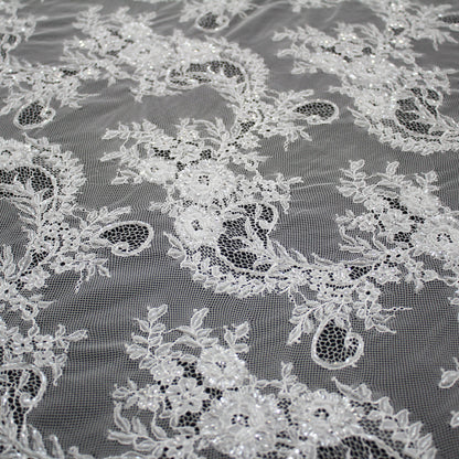 Haute Couture Lace | Bridal Embroidered Lace with Pearls, Sequins, Sinuous Floral Sprays & Double Border | FRI1391