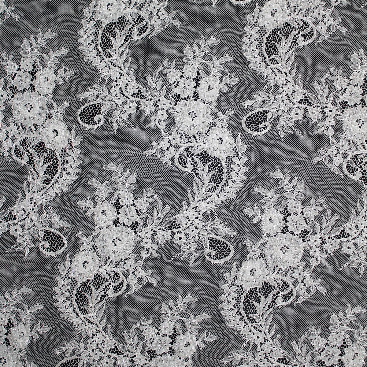 Haute Couture Lace | Bridal Embroidered Lace with Pearls, Sequins, Sinuous Floral Sprays & Double Border | FRI1391