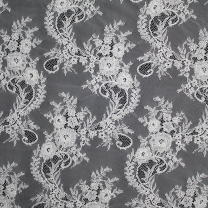 Haute Couture Lace | Bridal Embroidered Lace with Pearls, Sequins, Sinuous Floral Sprays & Double Border | FRI1391