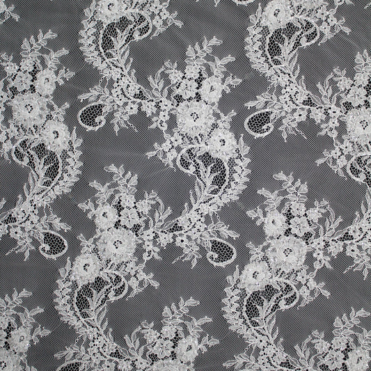 Haute Couture Lace | Bridal Embroidered Lace with Pearls, Sequins, Sinuous Floral Sprays & Double Border | FRI1391