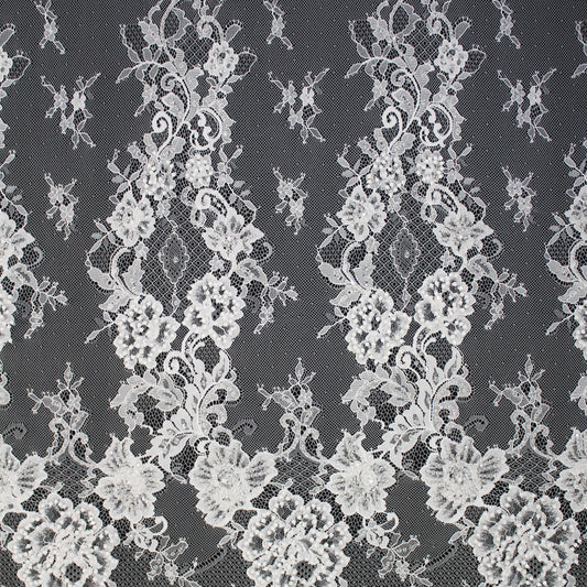 Haute Couture Lace | Bridal Embroidered Lace with Raised Pearls, Vertical Bands of Floral Sprays, Arabesque Scrolls & Double Border | FRI4354