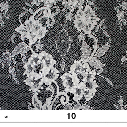 Pizzo Alta Moda | Pizzo Ricamato Sposa con Perline in Rilievo, Motivo Ramage Floreale, Arabesco a Bande Verticali e Doppio Bordo | FRI4354