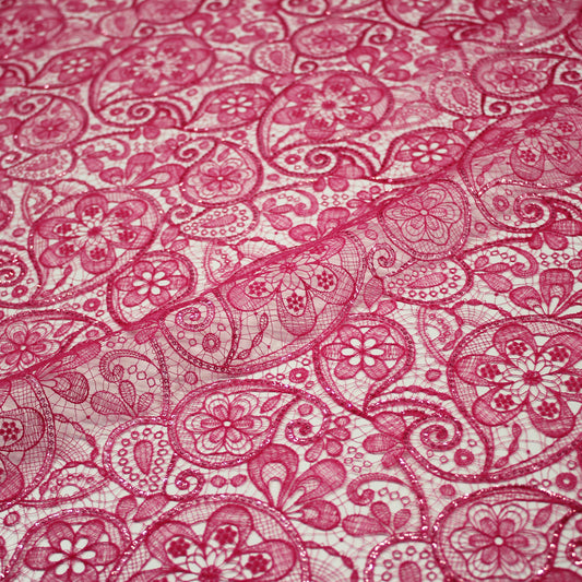 Double Border Lace Effect Netting Embroidered with Paisley and Paillettes
