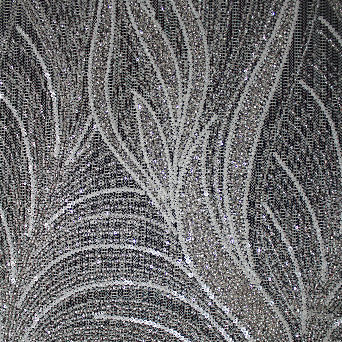 Haute Couture Lace | Bridal All-Over Embroidered Mesh with Pearls, Sequins, Seed Beads & Abstract Curved Lines | TRW4069