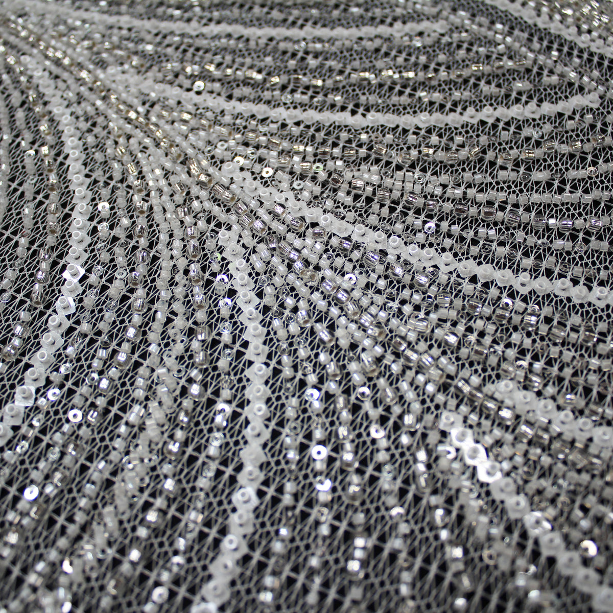 Haute Couture Lace | Bridal All-Over Embroidered Mesh with Pearls, Sequins, Seed Beads & Abstract Curved Lines | TRW4069