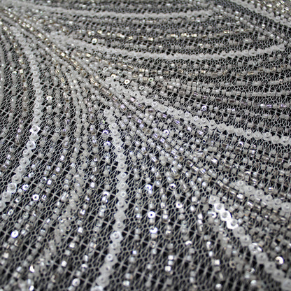 Haute Couture Lace | Bridal All-Over Embroidered Mesh with Pearls, Sequins, Seed Beads & Abstract Curved Lines | TRW4069