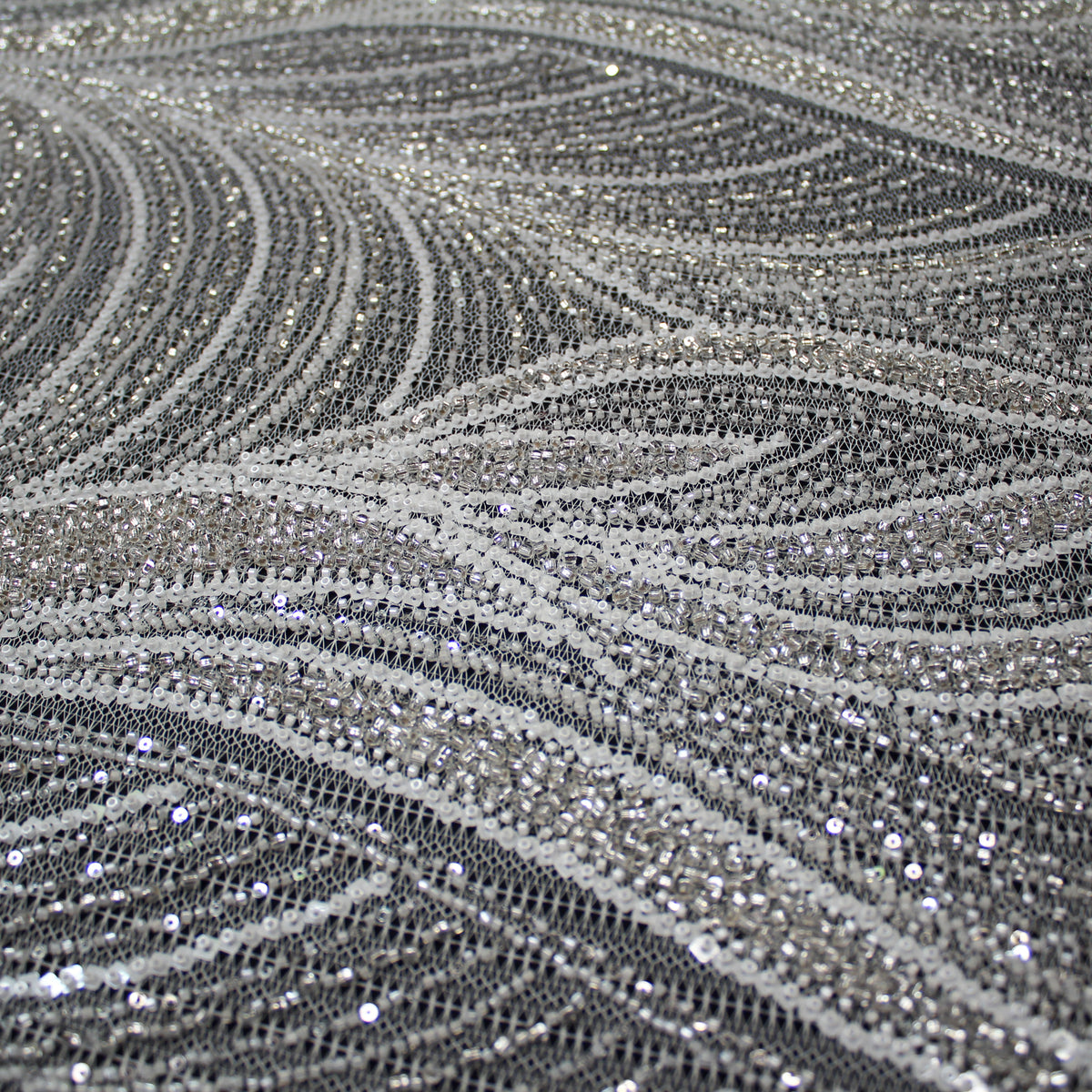 Haute Couture Lace | Bridal All-Over Embroidered Mesh with Pearls, Sequins, Seed Beads & Abstract Curved Lines | TRW4069