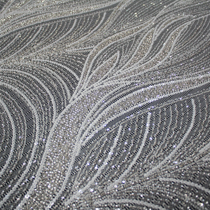 Haute Couture Lace | Bridal All-Over Embroidered Mesh with Pearls, Sequins, Seed Beads & Abstract Curved Lines | TRW4069