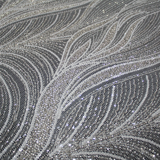 Haute Couture Lace | Bridal All-Over Embroidered Mesh with Pearls, Sequins, Seed Beads & Abstract Curved Lines | TRW4069