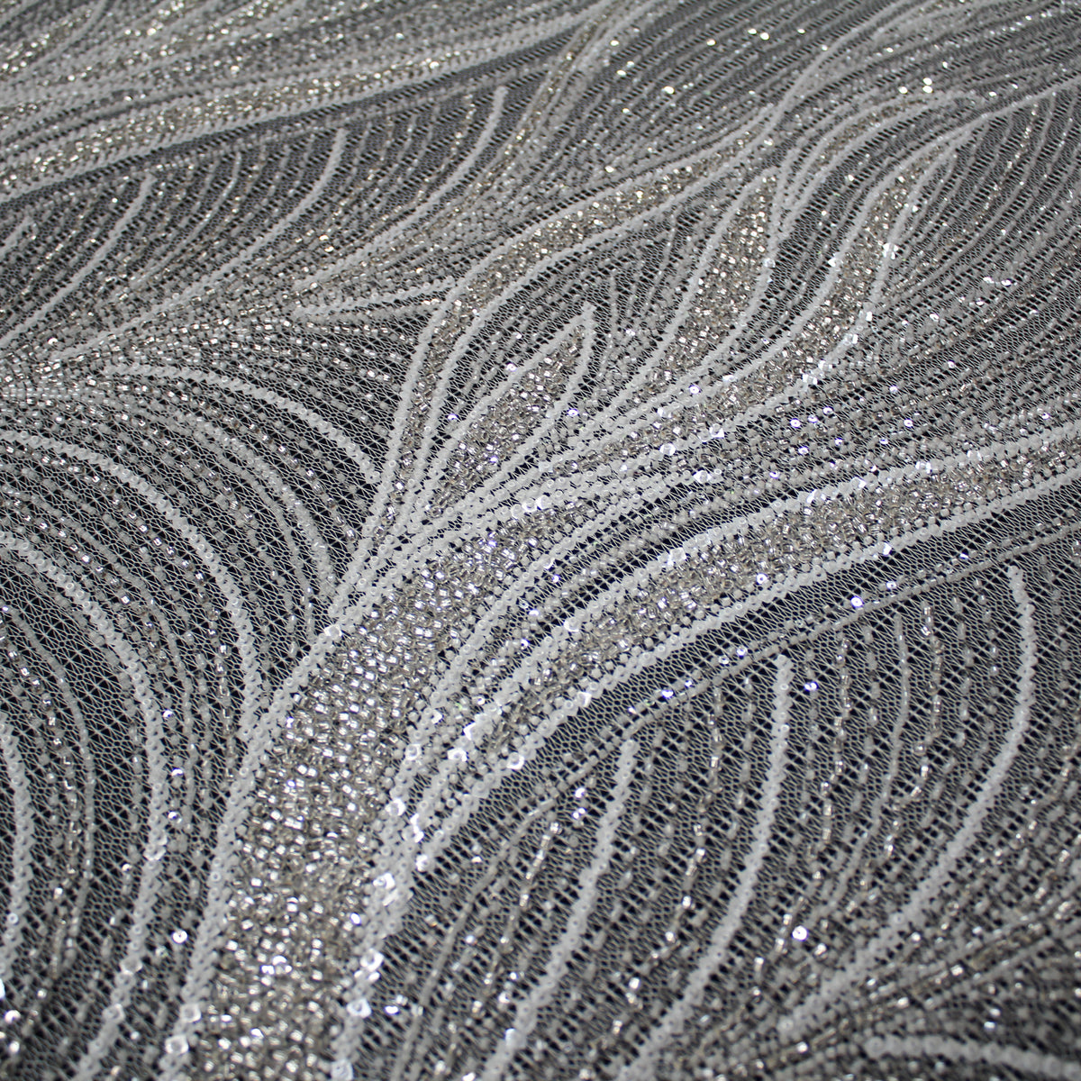 Haute Couture Lace | Bridal All-Over Embroidered Mesh with Pearls, Sequins, Seed Beads & Abstract Curved Lines | TRW4069