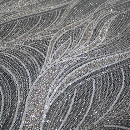 Haute Couture Lace | Bridal All-Over Embroidered Mesh with Pearls, Sequins, Seed Beads & Abstract Curved Lines | TRW4069