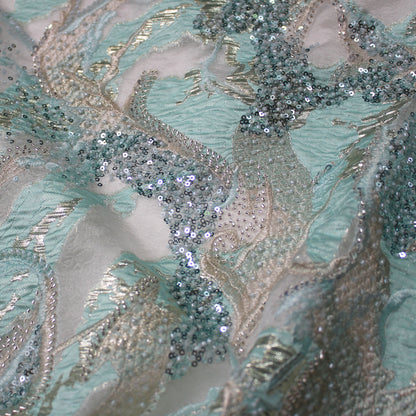 Luxury Brocade Fabric with Abstract Pattern, Paillettes, and Bead Embroidery