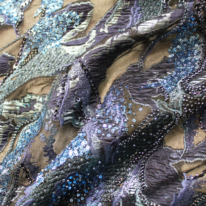 Luxury Brocade Fabric with Abstract Pattern, Paillettes, and Bead Embroidery
