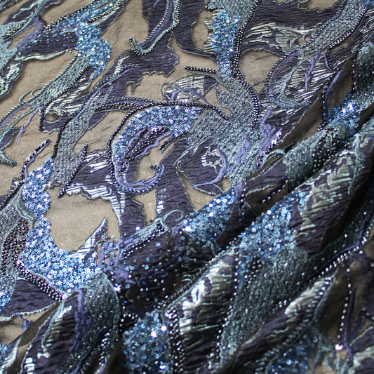 Luxury Brocade Fabric with Abstract Pattern, Paillettes, and Bead Embroidery