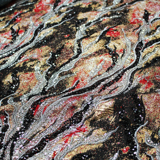 Embroidered Brocade Fabric with Corals and Copper Effect Sequins