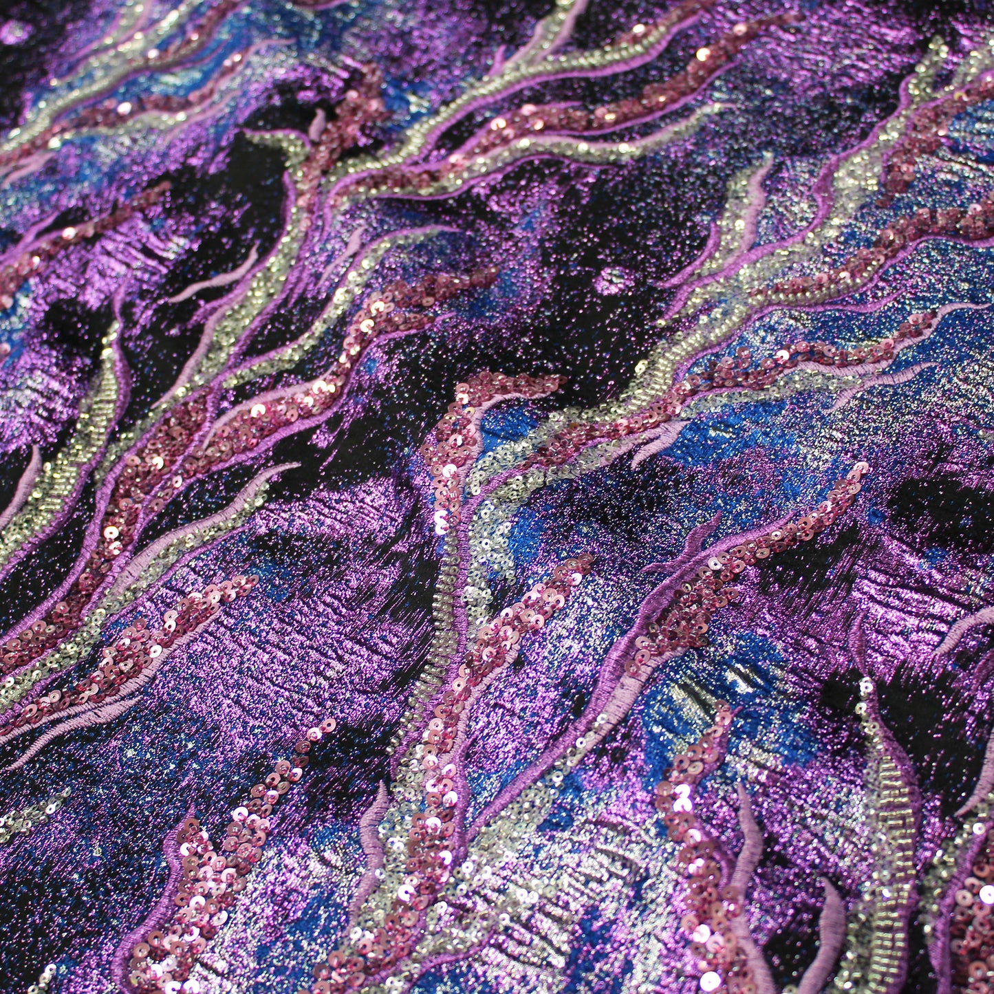 Embroidered Brocade Fabric with Corals and Copper Effect Sequins