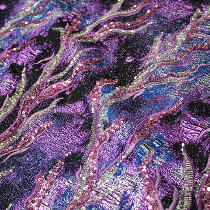 Embroidered Brocade Fabric with Corals and Copper Effect Sequins