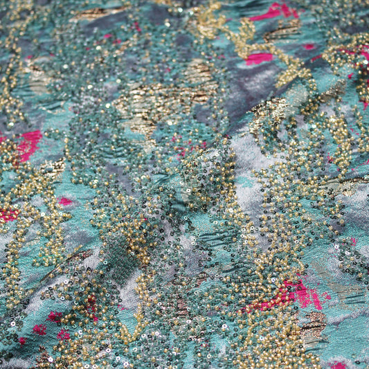 Embroidered Brocade Fabric with Abstract Pattern and Beads