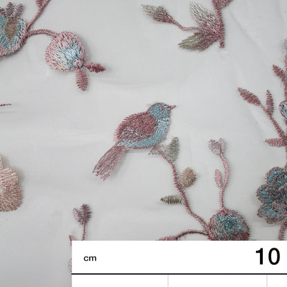 Tulle Alta Moda Bambina | Ricamo a Filo Multicolor con Rose e Uccellini