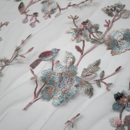 Tulle Alta Moda Bambina | Ricamo a Filo Multicolor con Rose e Uccellini