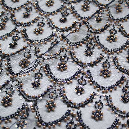 Tulle Alta Moda | Motivo a Squame e Archi Piccoli con Ricamo di Paillettes e Perline Blu e Oro