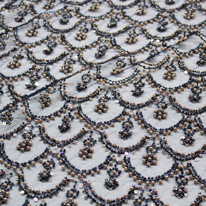 Tulle Alta Moda | Motivo a Squame e Archi Piccoli con Ricamo di Paillettes e Perline Blu e Oro