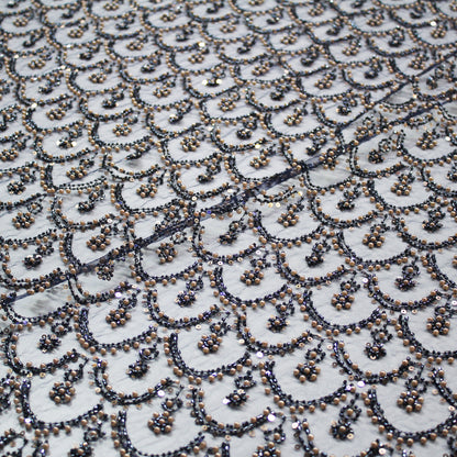 Tulle Alta Moda | Motivo a Squame e Archi Piccoli con Ricamo di Paillettes e Perline Blu e Oro