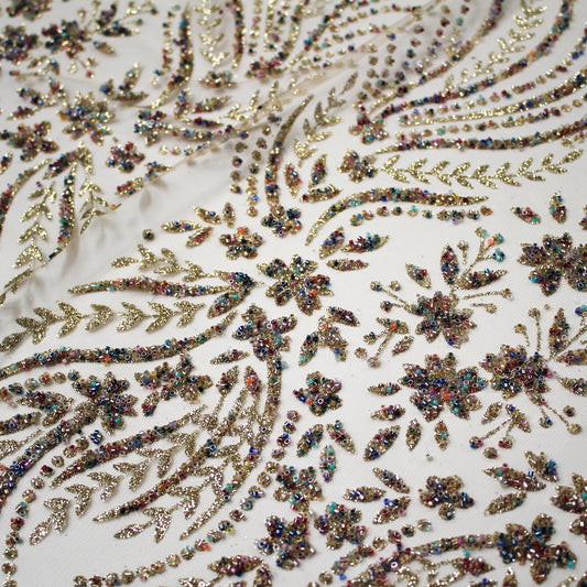 Tulle Alta Moda | Motivo Arabesco con Glitter e Coralli Multicolor