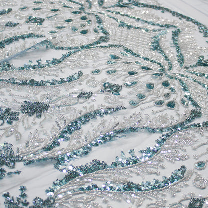 Tulle Alta Moda | Motivo Arabesco con Ricamo di Paillettes e Coralli Blu Celeste e Argento