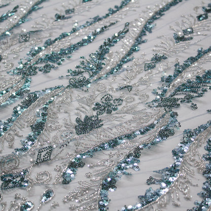 Tulle Alta Moda | Motivo Arabesco con Ricamo di Paillettes e Coralli Blu Celeste e Argento