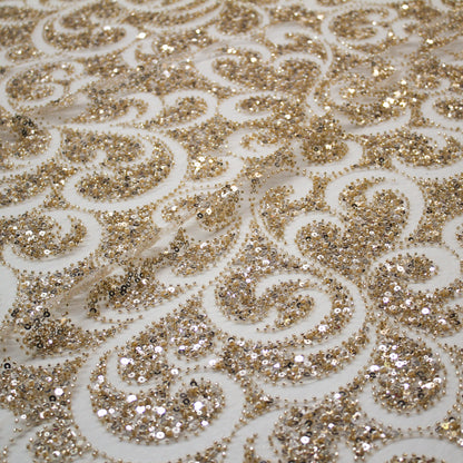 Tulle Alta Moda | Motivo Astratto a Virgolini Pieni e Vuoti con Corallini e Paillettes a Campo Pieno