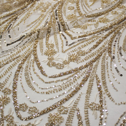 Tulle Alta Moda | Motivo Astratto Arabesco con Ricamo a Filo, Paillettes e Perline
