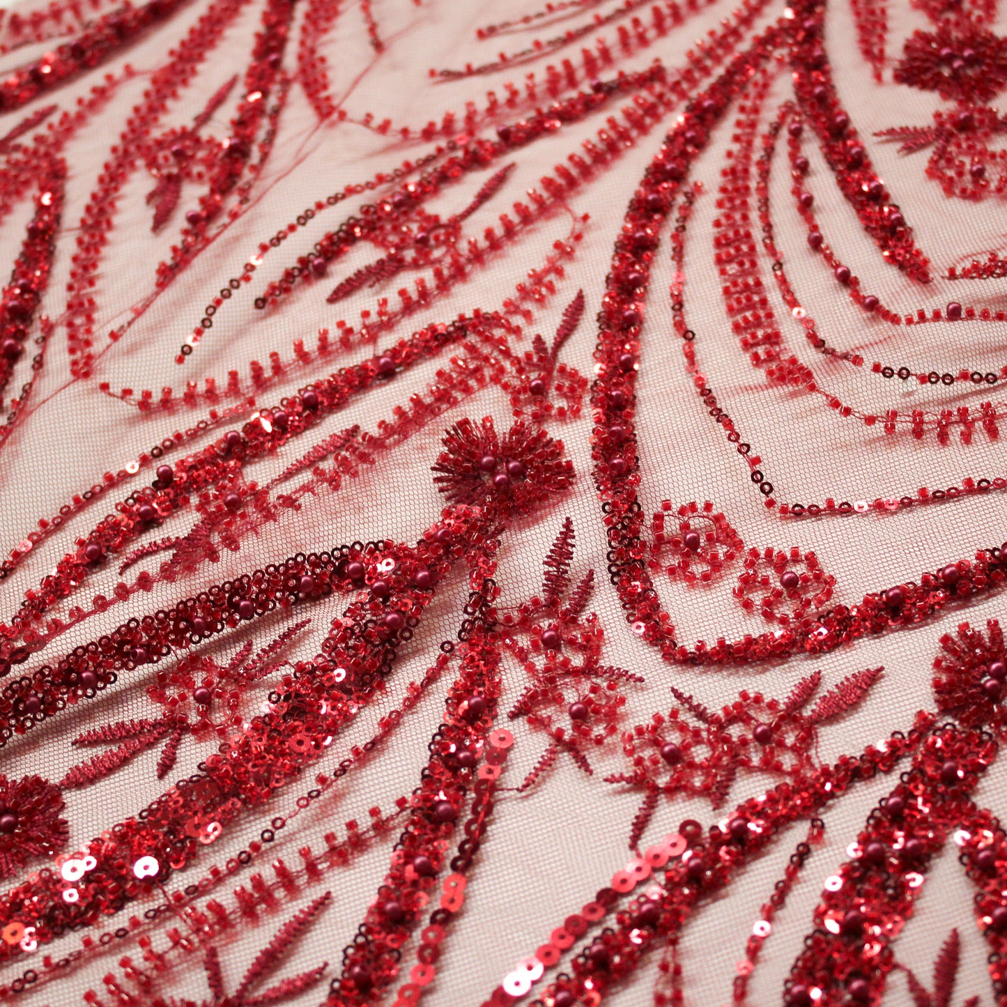 Tulle Alta Moda | Motivo Astratto Arabesco con Ricamo a Filo, Paillettes e Perline