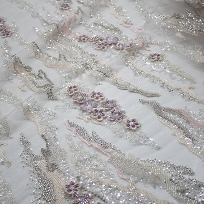 Tulle Alta Moda | Motivo Astratto e Fiori 3D con Ricamo in Lurex, Coralli, Perline e Paillettes