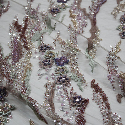 Tulle Alta Moda | Motivo Astratto e Fiori 3D con Ricamo in Lurex, Coralli, Perline e Paillettes