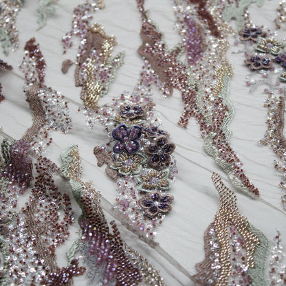 Tulle Alta Moda | Motivo Astratto e Fiori 3D con Ricamo in Lurex, Coralli, Perline e Paillettes