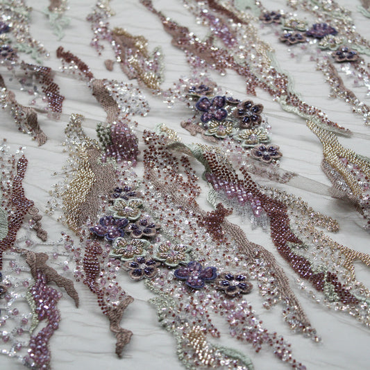 Tulle Alta Moda | Motivo Astratto e Fiori 3D con Ricamo in Lurex, Coralli, Perline e Paillettes