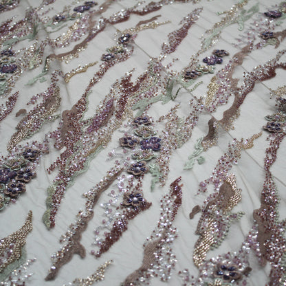 Tulle Alta Moda | Motivo Astratto e Fiori 3D con Ricamo in Lurex, Coralli, Perline e Paillettes