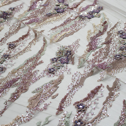 Tulle Alta Moda | Motivo Astratto e Fiori 3D con Ricamo in Lurex, Coralli, Perline e Paillettes