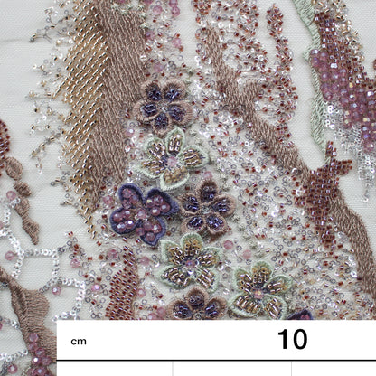 Tulle Alta Moda | Motivo Astratto e Fiori 3D con Ricamo in Lurex, Coralli, Perline e Paillettes