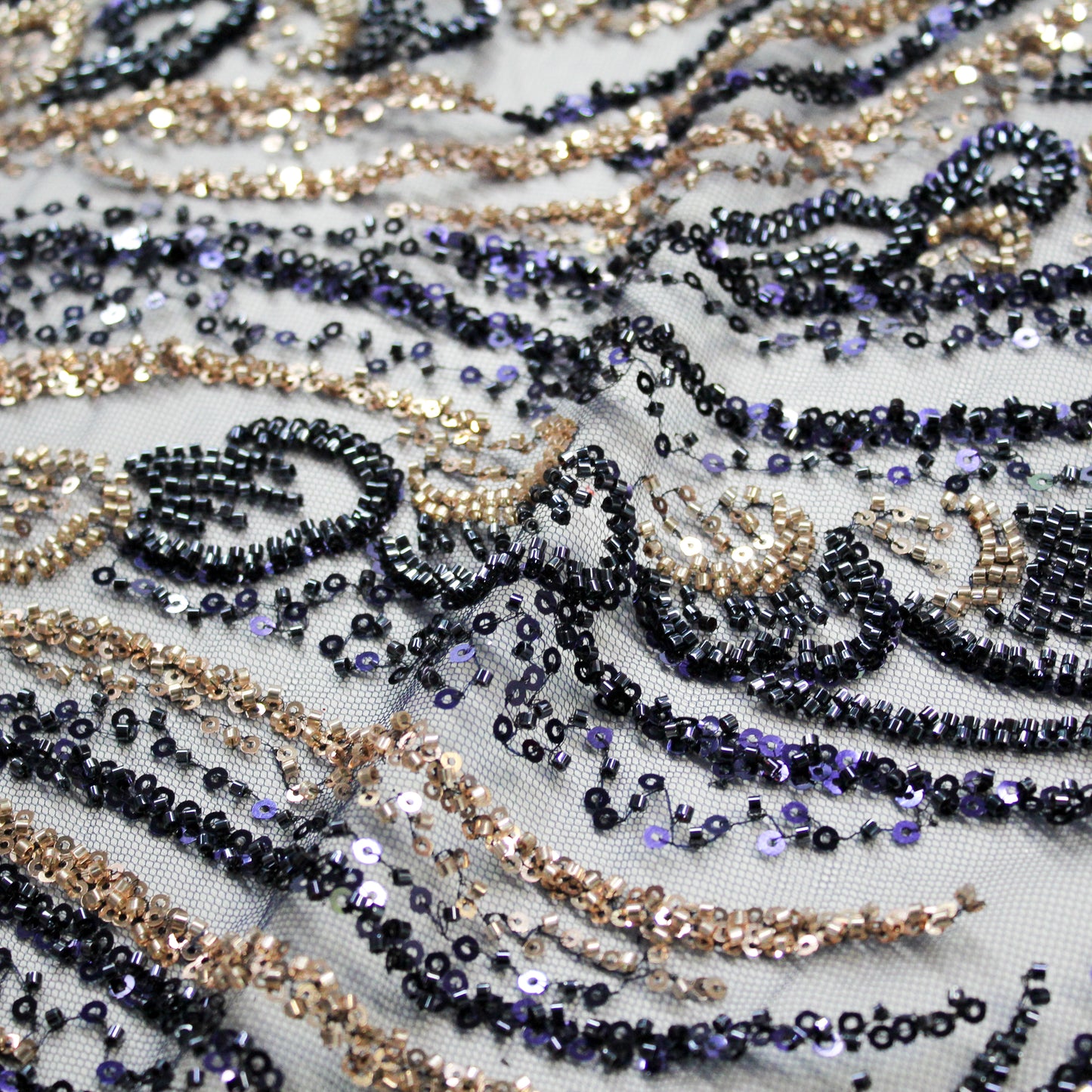 Tulle Alta Moda | Ramage Astratto con Coralli e Paillettes Blu e Oro