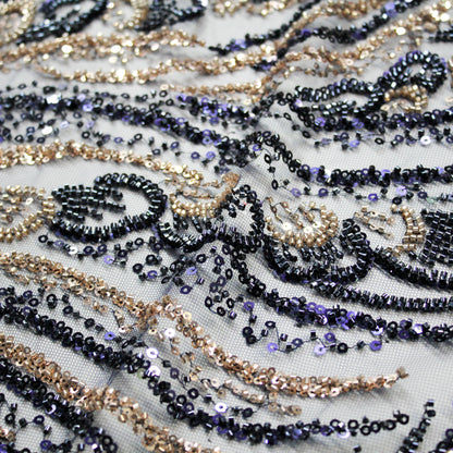 Tulle Alta Moda | Ramage Astratto con Coralli e Paillettes Blu e Oro