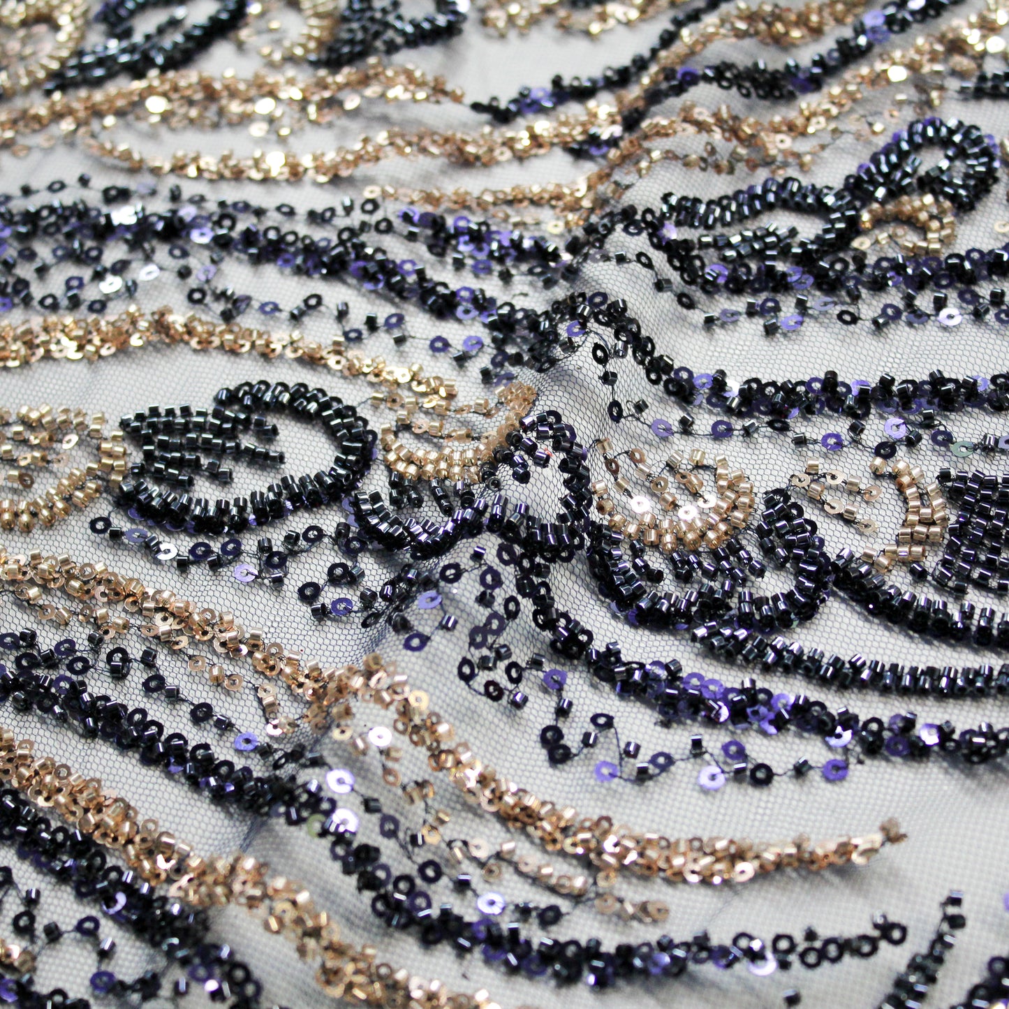 Tulle Alta Moda | Ramage Astratto con Coralli e Paillettes Blu e Oro