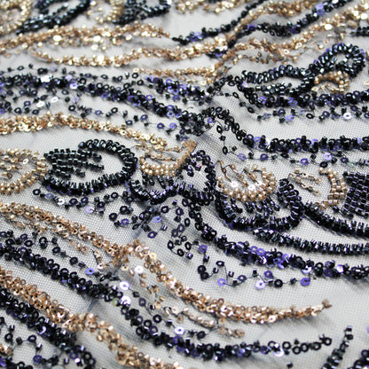 Tulle Alta Moda | Ramage Astratto con Coralli e Paillettes Blu e Oro