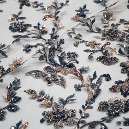 Tulle Alta Moda | Ramage di Fiori 3D a Degradé con Perline, Coralli e Paillettes