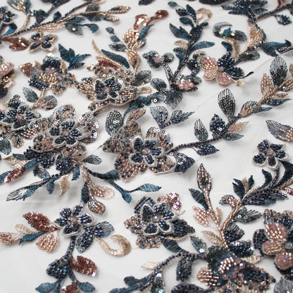 Tulle Alta Moda | Ramage di Fiori 3D a Degradé con Perline, Coralli e Paillettes